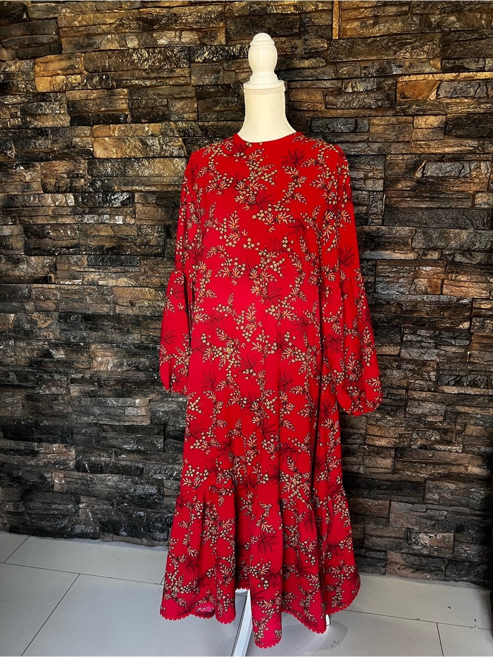 Red Floral Long-Sleeve Midi Dress homemade